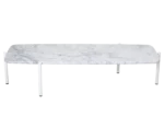True Blade coffee table, top view with an elongated rectangular white marble top and slim metal legs.