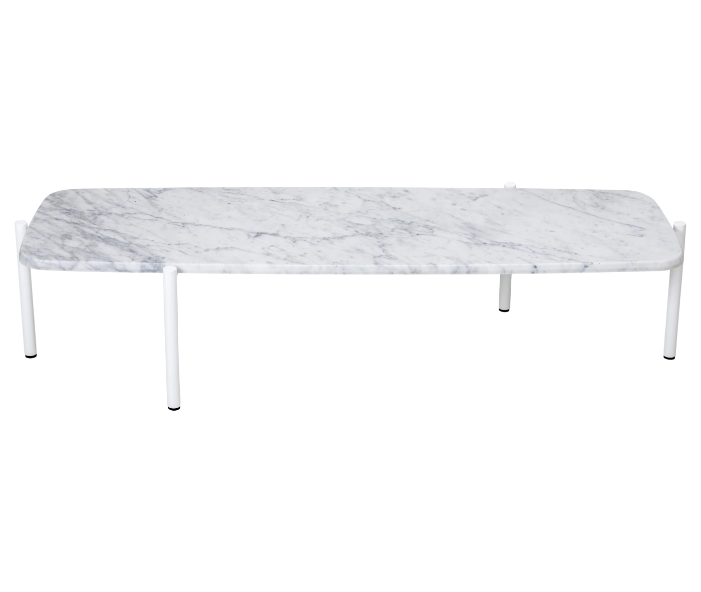 True Blade coffee table, top view with an elongated rectangular white marble top and slim metal legs.