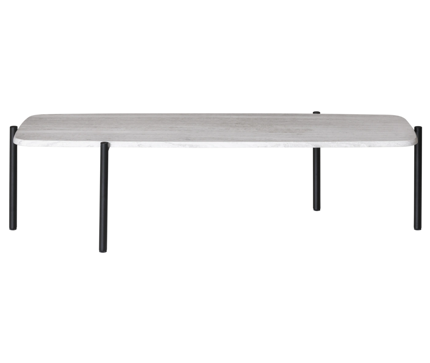 True Blade coffee table, front view with an elongated rectangular marble top and slim metal legs.