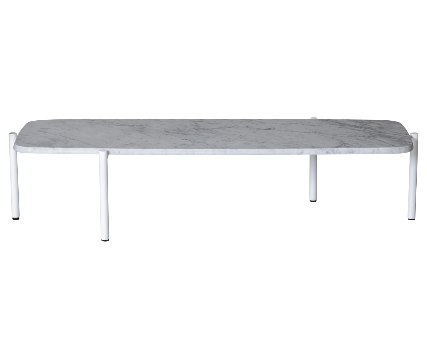 True Blade coffee table, front view with an elongated rectangular white marble top and slim metal legs.