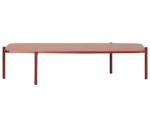 True Blade coffee table, front view with an elongated rectangular red top and slim metal legs.