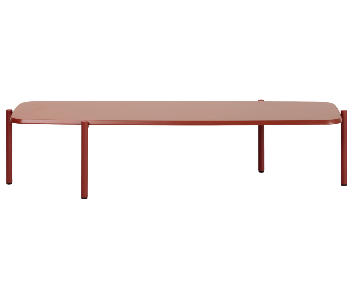 True Blade coffee table, front view with an elongated rectangular red top and slim metal legs.