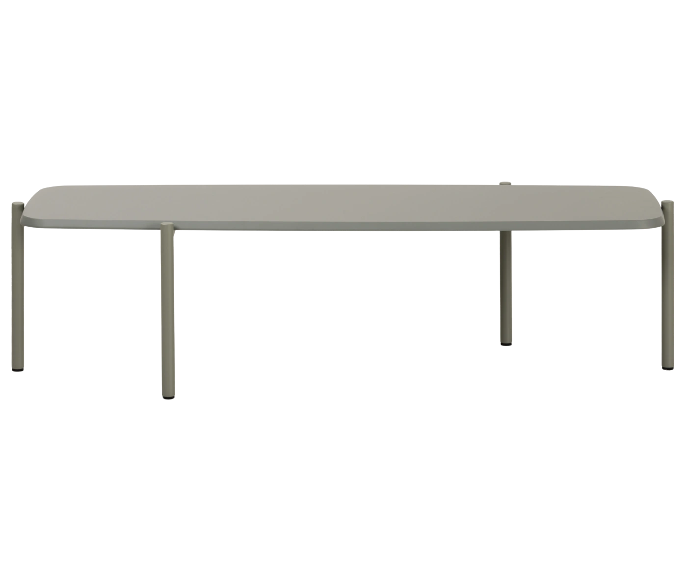 True Blade coffee table, front view with an elongated rectangular grey top and slim metal legs.