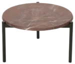True Blade coffee table, close-up view with a rounded red marble top and slim metal legs.
