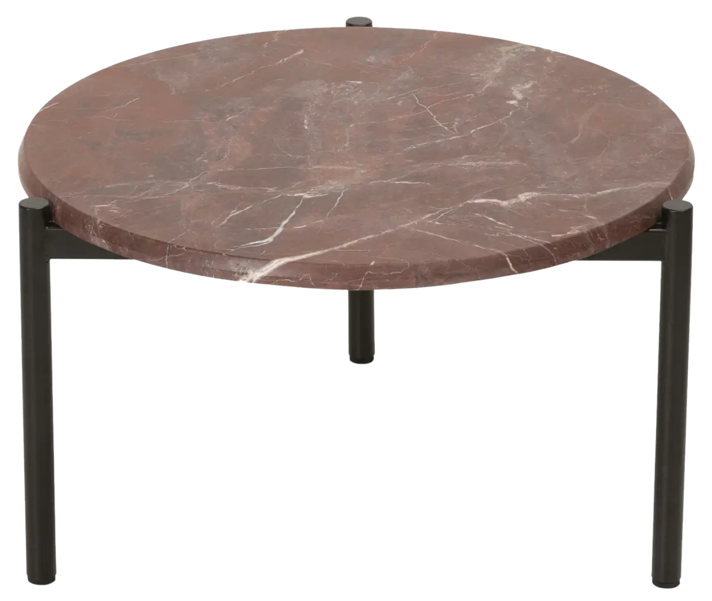 True Blade coffee table, close-up view with a rounded red marble top and slim metal legs.