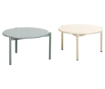 True Blade coffee tables, front view with rounded white and grey tops and slim metal legs.