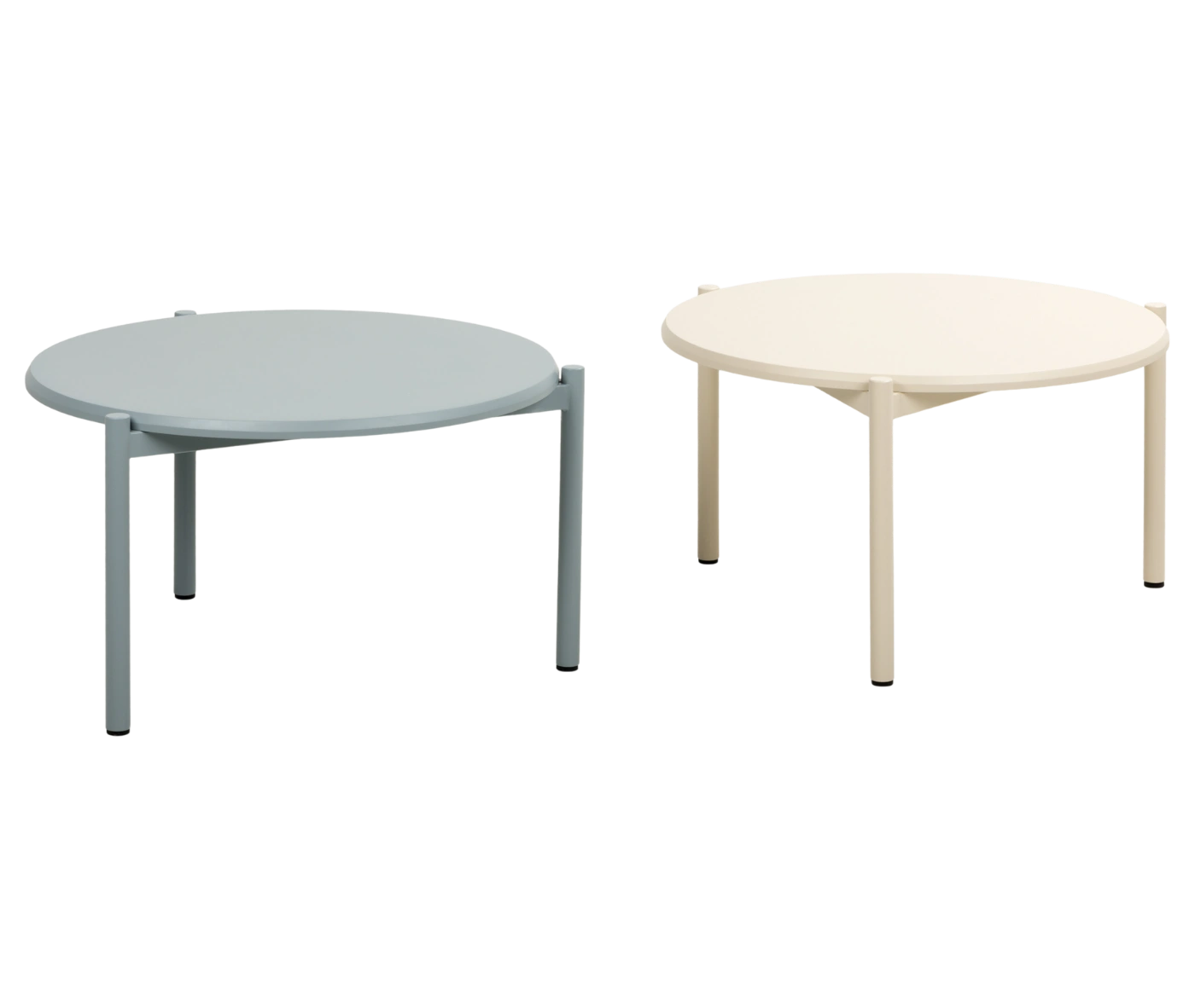 True Blade coffee tables, front view with rounded white and grey tops and slim metal legs.