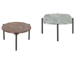 True Blade coffee tables, front view with round and square marble tops and slim metal legs.