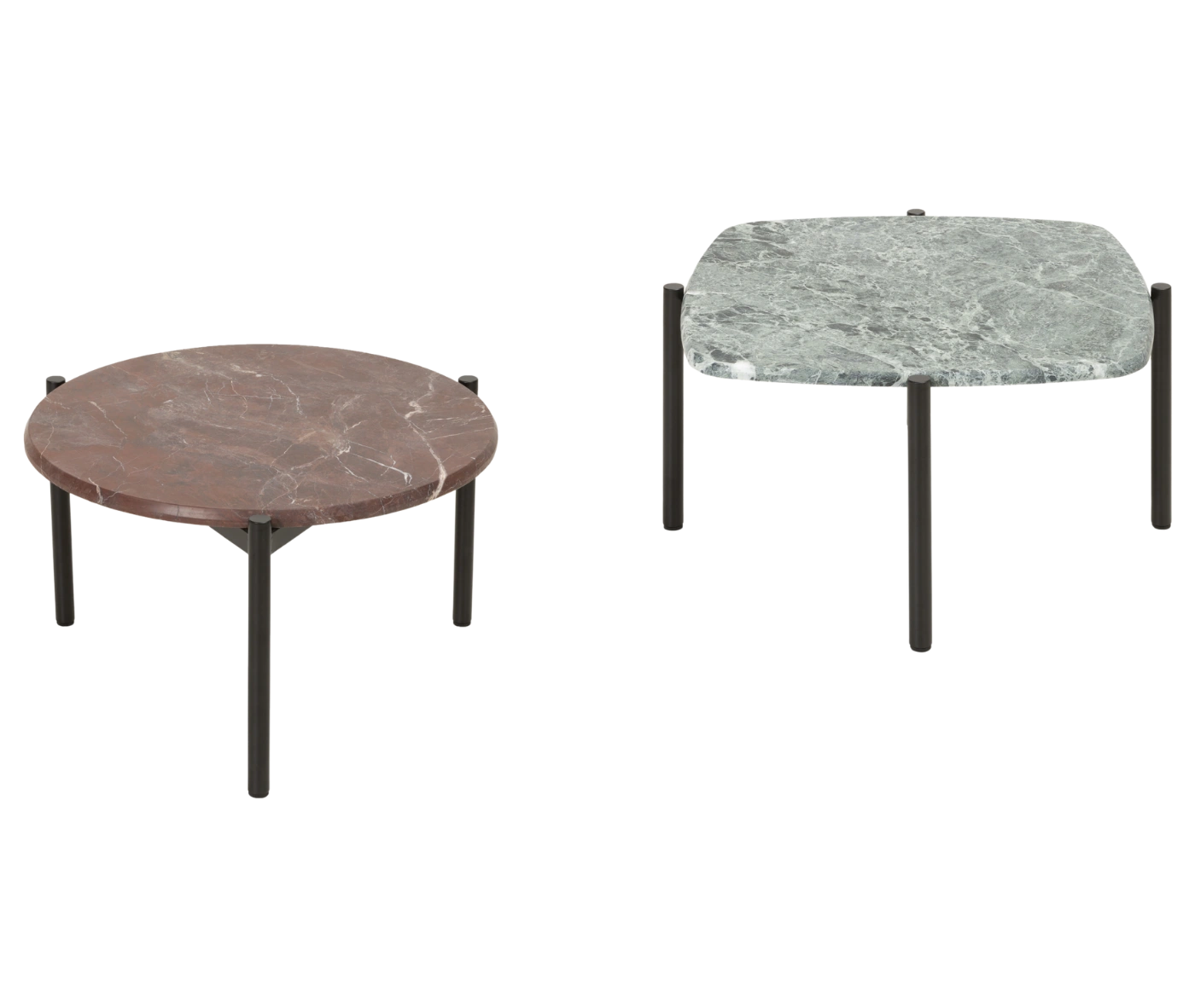 True Blade coffee tables, front view with round and square marble tops and slim metal legs.