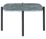 True Blade coffee table, front view with a square grey marble top and dark steel legs.