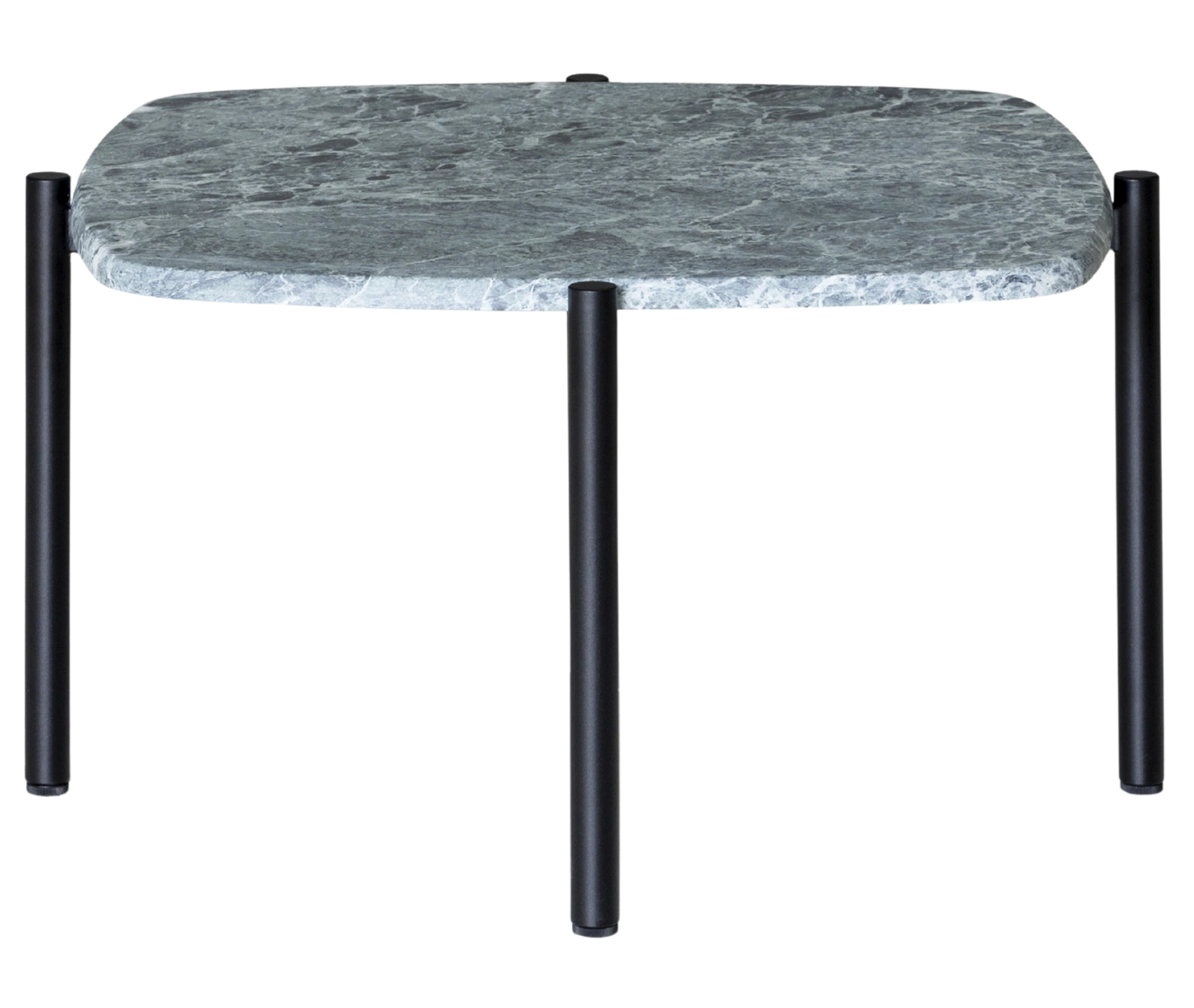 True Blade coffee table, front view with a square grey marble top and dark steel legs.