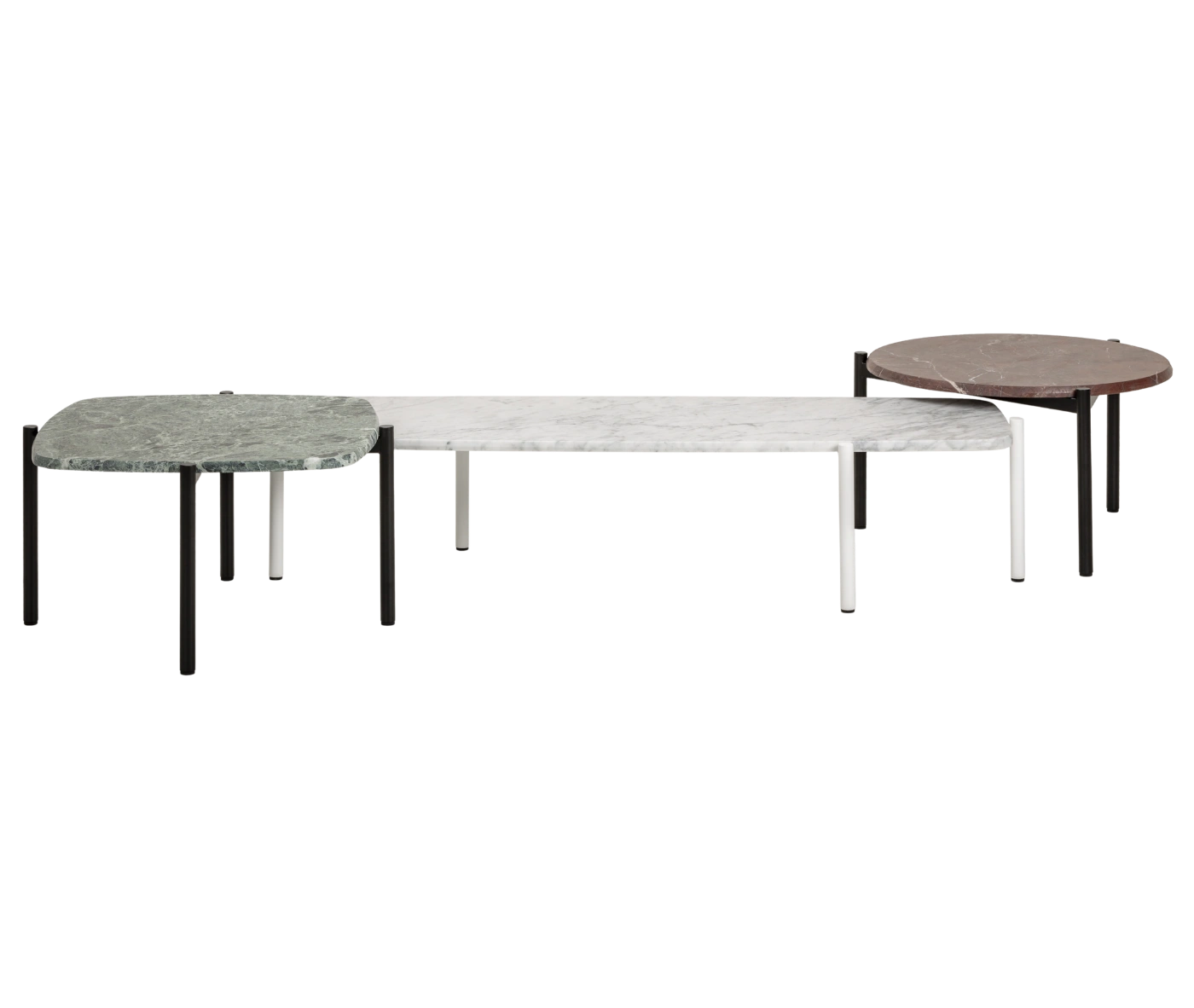 True Blade coffee tables in a grouped arrangement with assorted marble tops and slim metal legs.