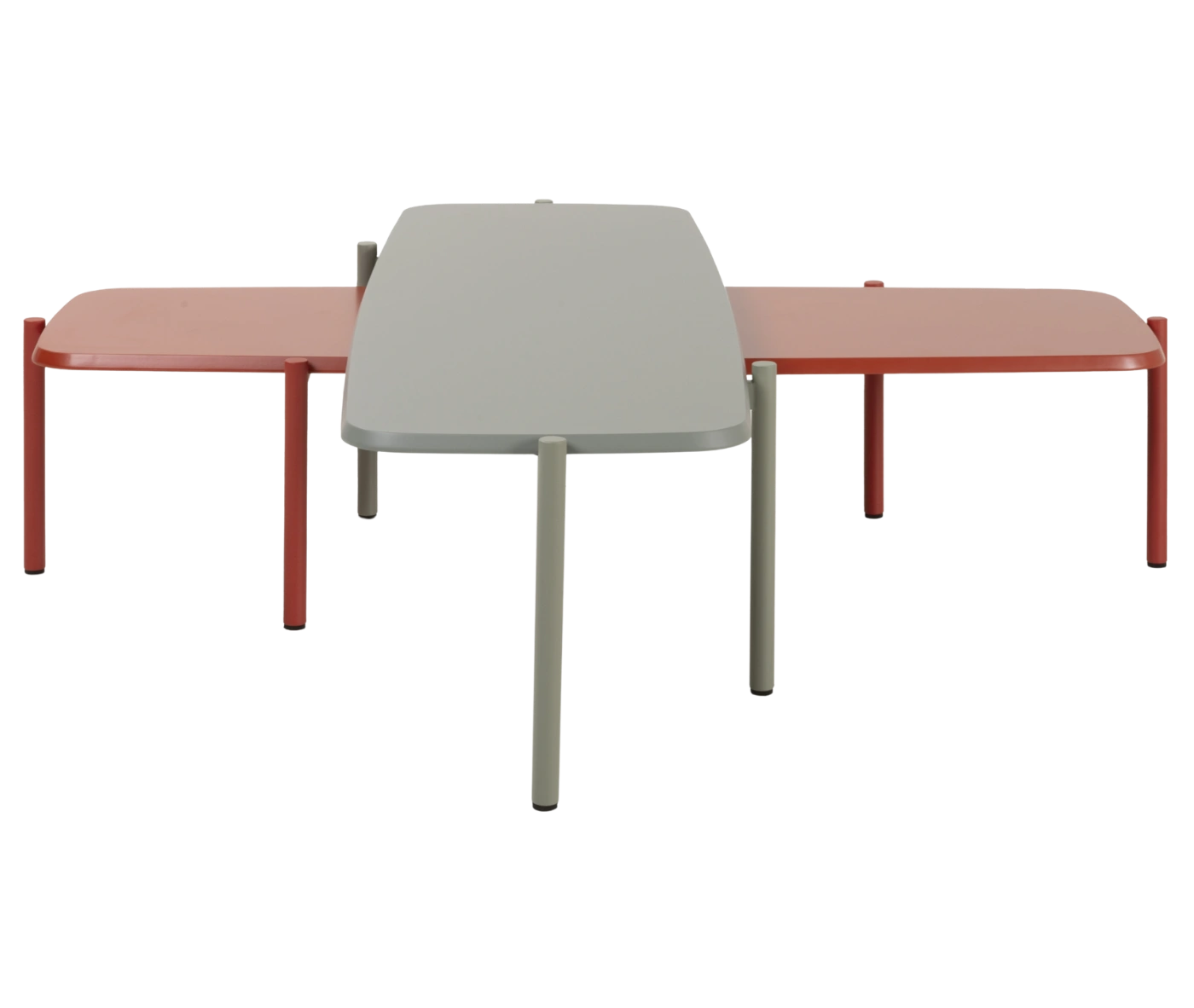 True Blade coffee tables in a grouped arrangement with assorted tabletop finishes and slim metal legs.