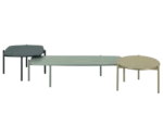 True Blade coffee tables arranged together with mixed tabletop finishes and slim metal legs.