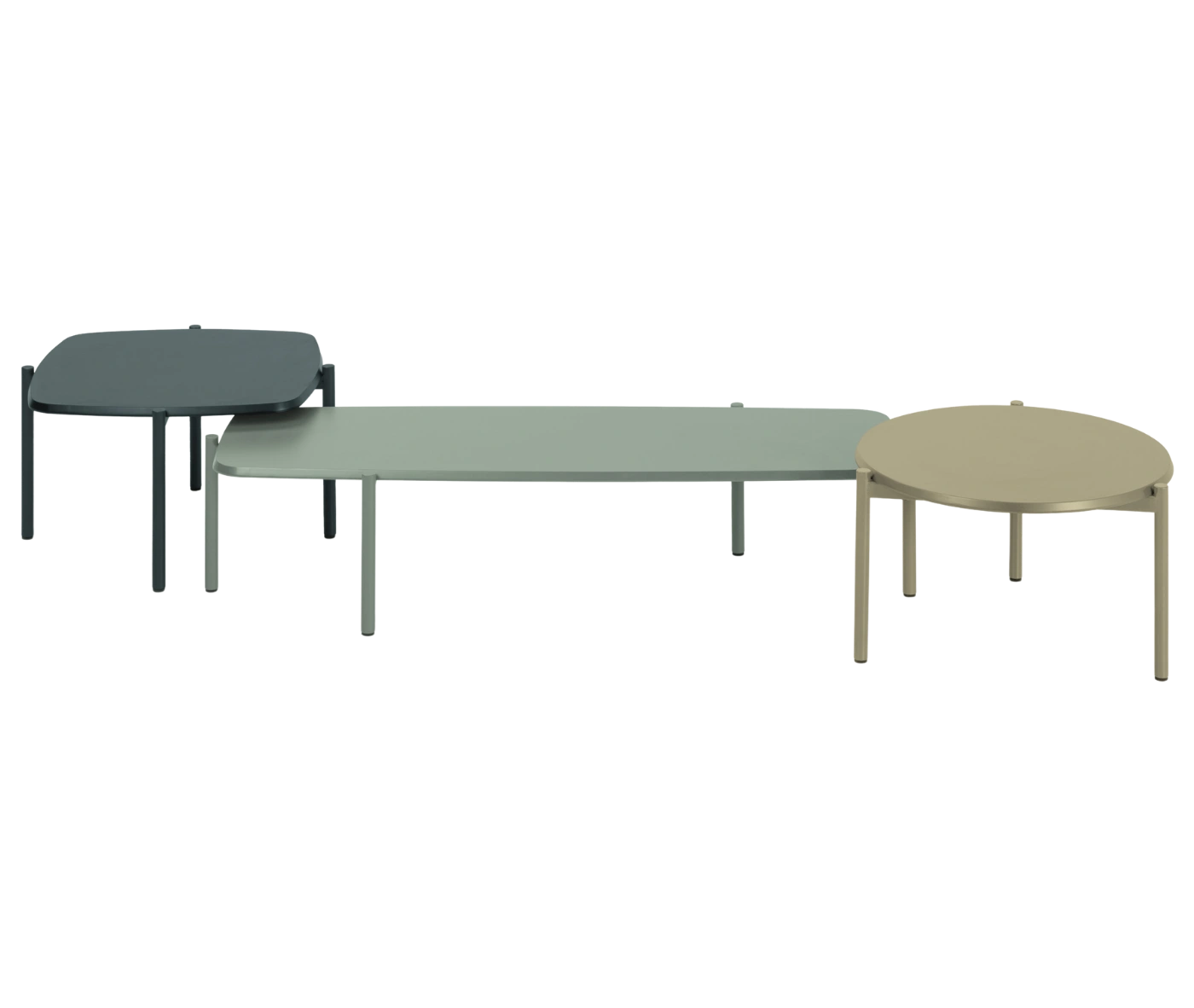 True Blade coffee tables arranged together with mixed tabletop finishes and slim metal legs.