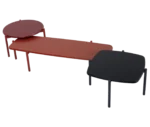 True Blade coffee tables arranged together in top view with mixed tabletop finishes and slim metal legs.