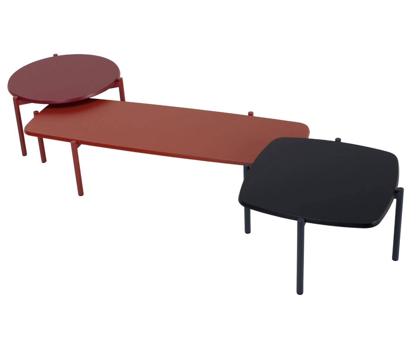 True Blade coffee tables arranged together in top view with mixed tabletop finishes and slim metal legs.