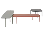 True Blade coffee tables arranged as a set with assorted tabletop finishes and slim metal legs.