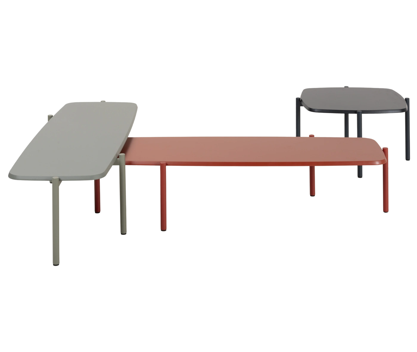 True Blade coffee tables arranged as a set with assorted tabletop finishes and slim metal legs.