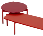 True Blade coffee tables grouped with red tabletop finishes and slim metal legs.