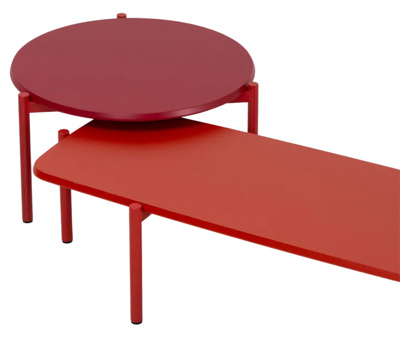 True Blade coffee tables grouped with red tabletop finishes and slim metal legs.