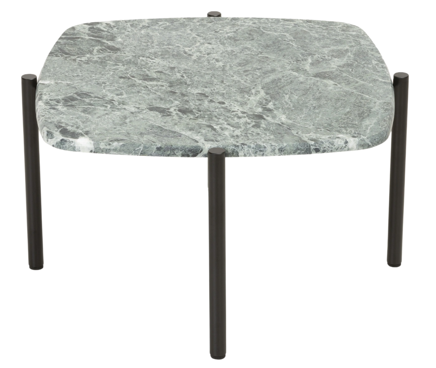True Blade coffee table, top view with a square grey marble top and dark steel legs.