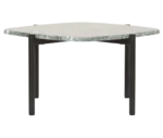 True Blade coffee table with a square grey marble top and dark steel legs.