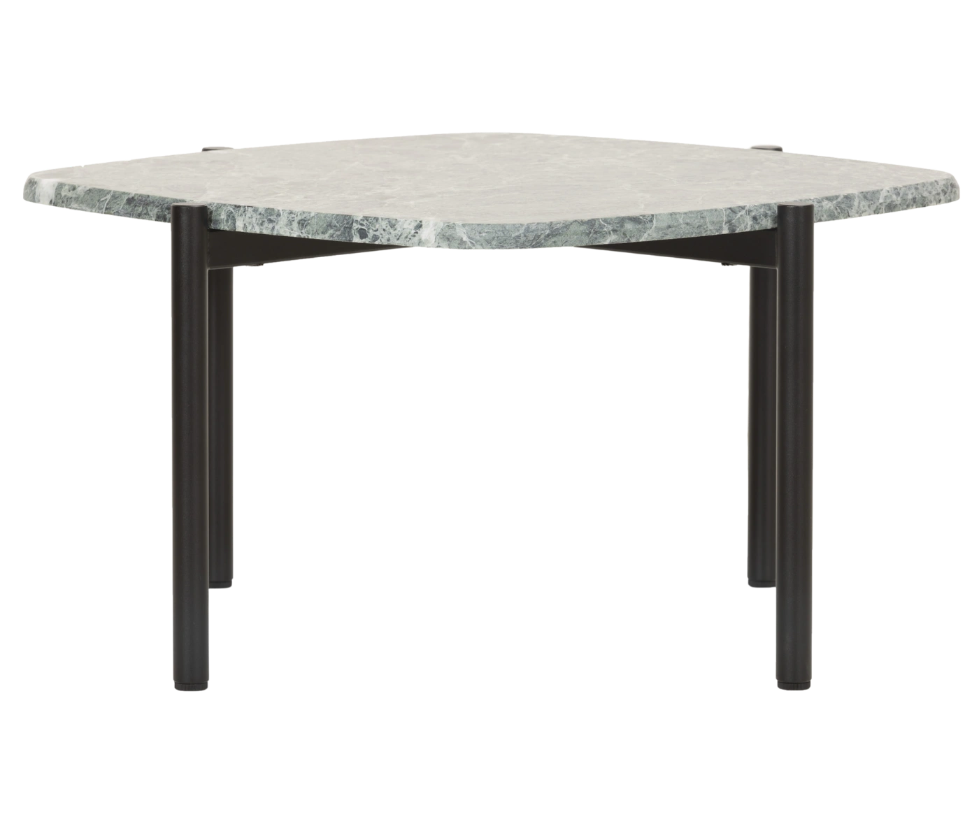True Blade coffee table with a square grey marble top and dark steel legs.