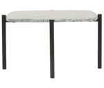 True Blade coffee table, front view with a square marble top and dark steel legs.