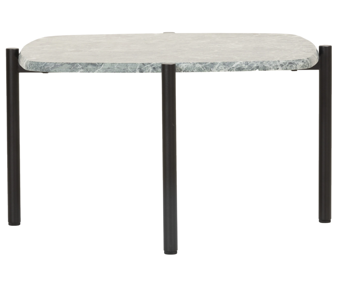 True Blade coffee table, front view with a square marble top and dark steel legs.