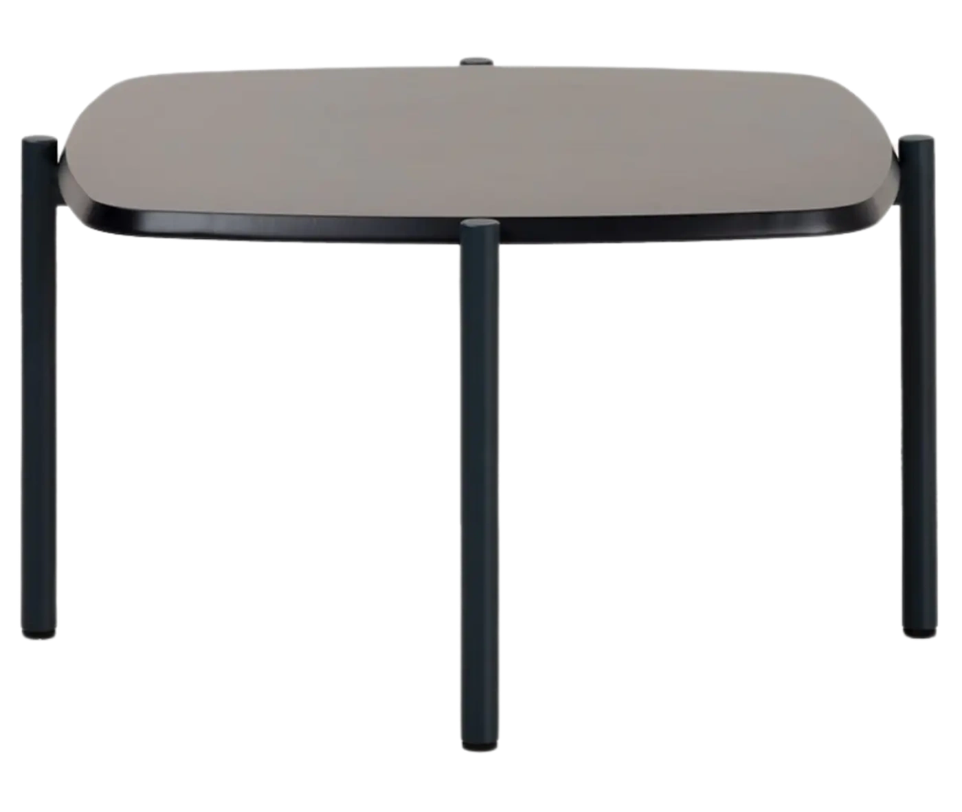 True Blade coffee table, front view with a square black tabletop and dark metal legs.