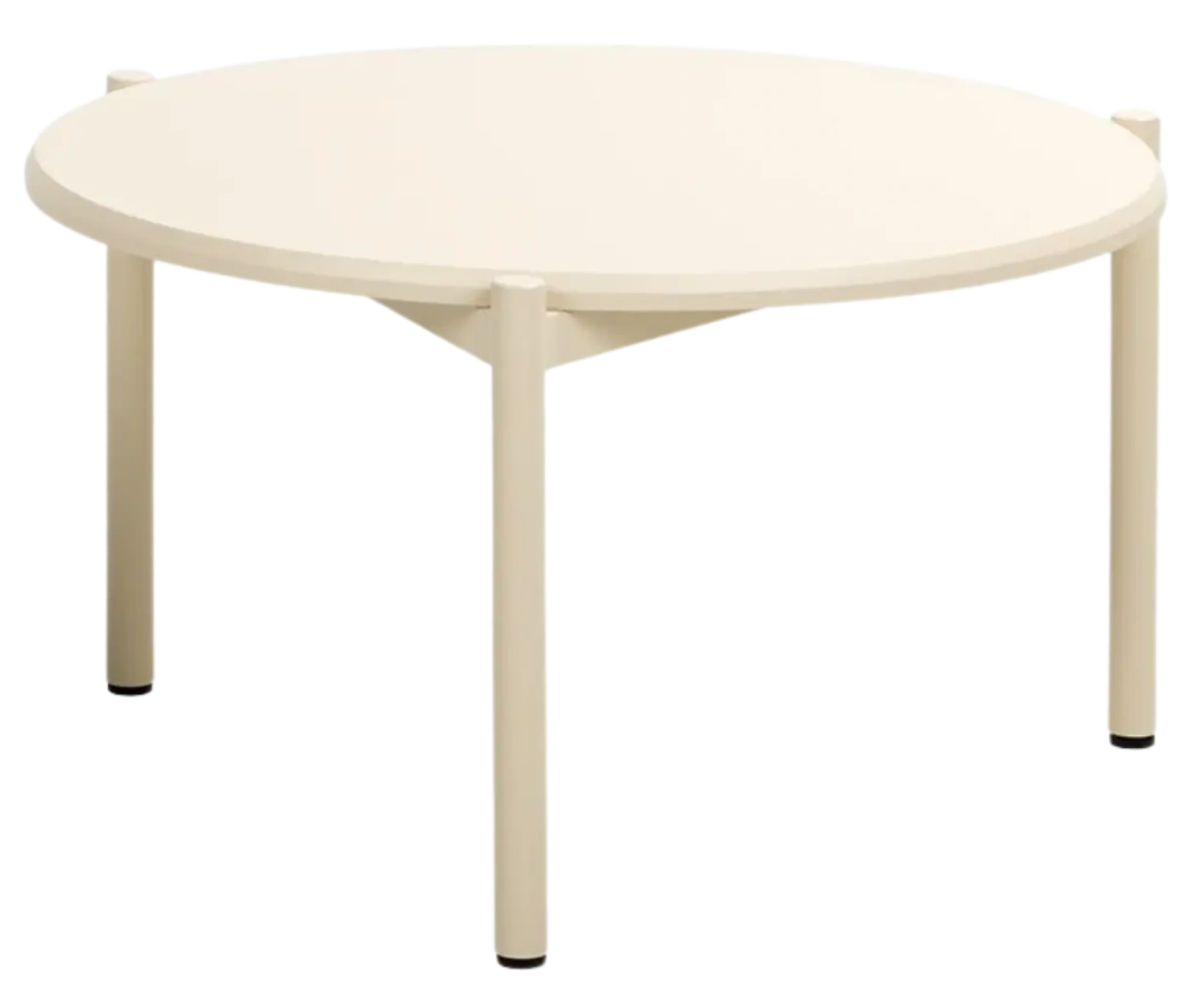 True Blade coffee table, front view with a rounded white top and slim metal legs.