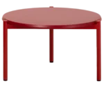 True Blade coffee table, front view with a rounded red top and slim metal legs.