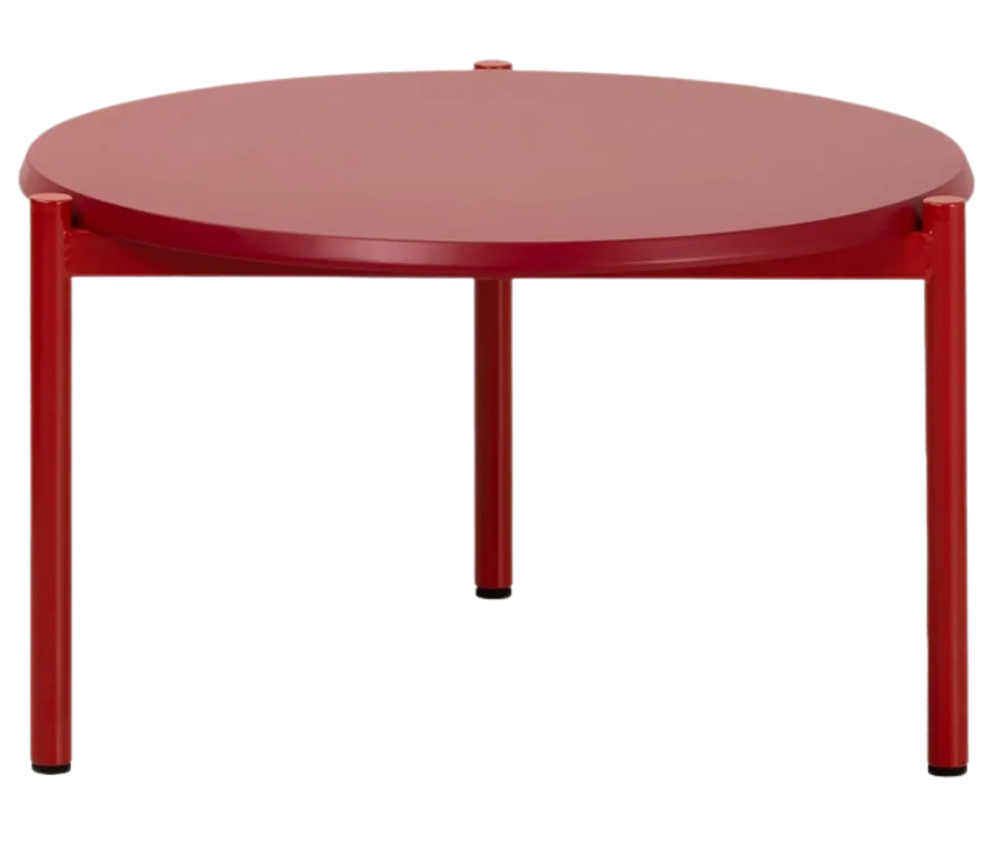 True Blade coffee table, front view with a rounded red top and slim metal legs.