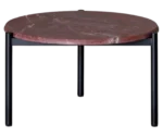 True Blade coffee table, front view with a rounded red marble top and slim metal legs.