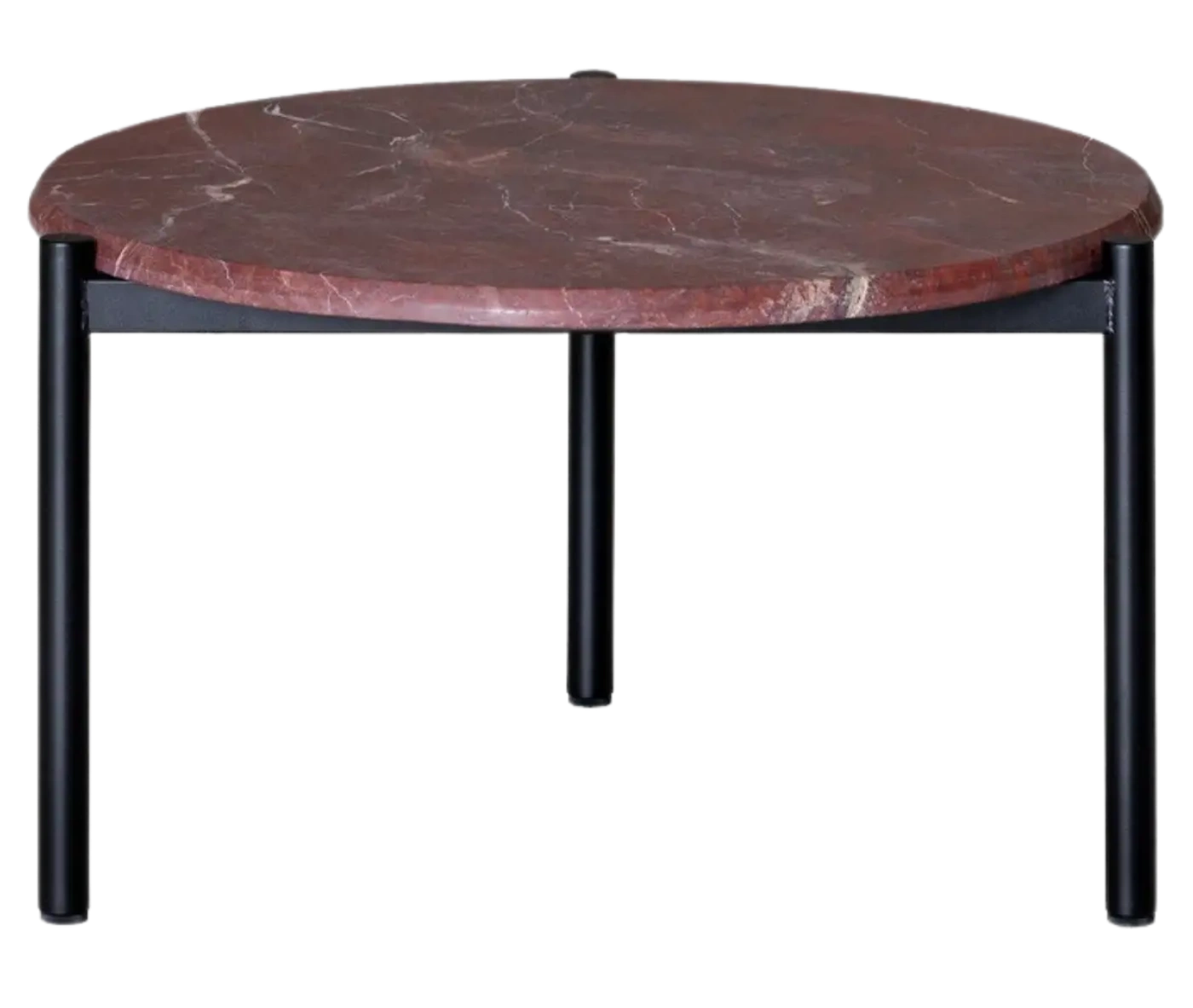 True Blade coffee table, front view with a rounded red marble top and slim metal legs.