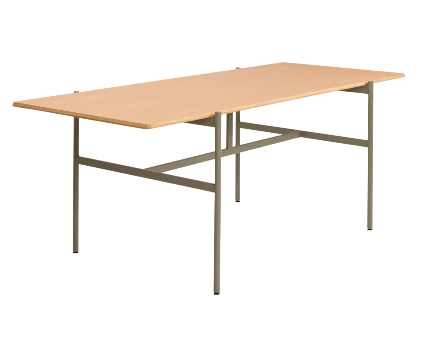Blade table, front-left view with a long natural timber tabletop and dark metal frame.