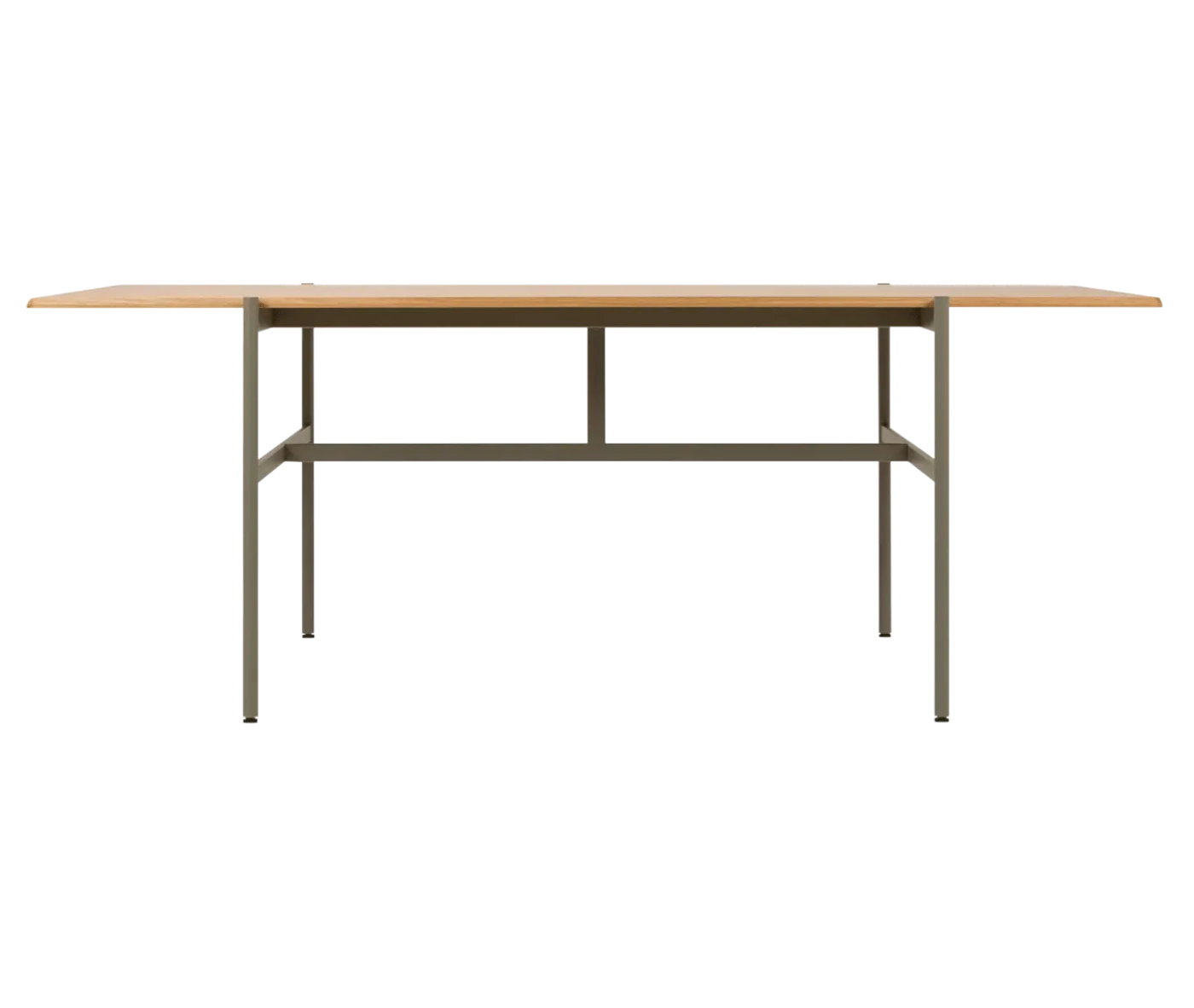 Blade table, front view with a long natural timber tabletop and dark metal frame.
