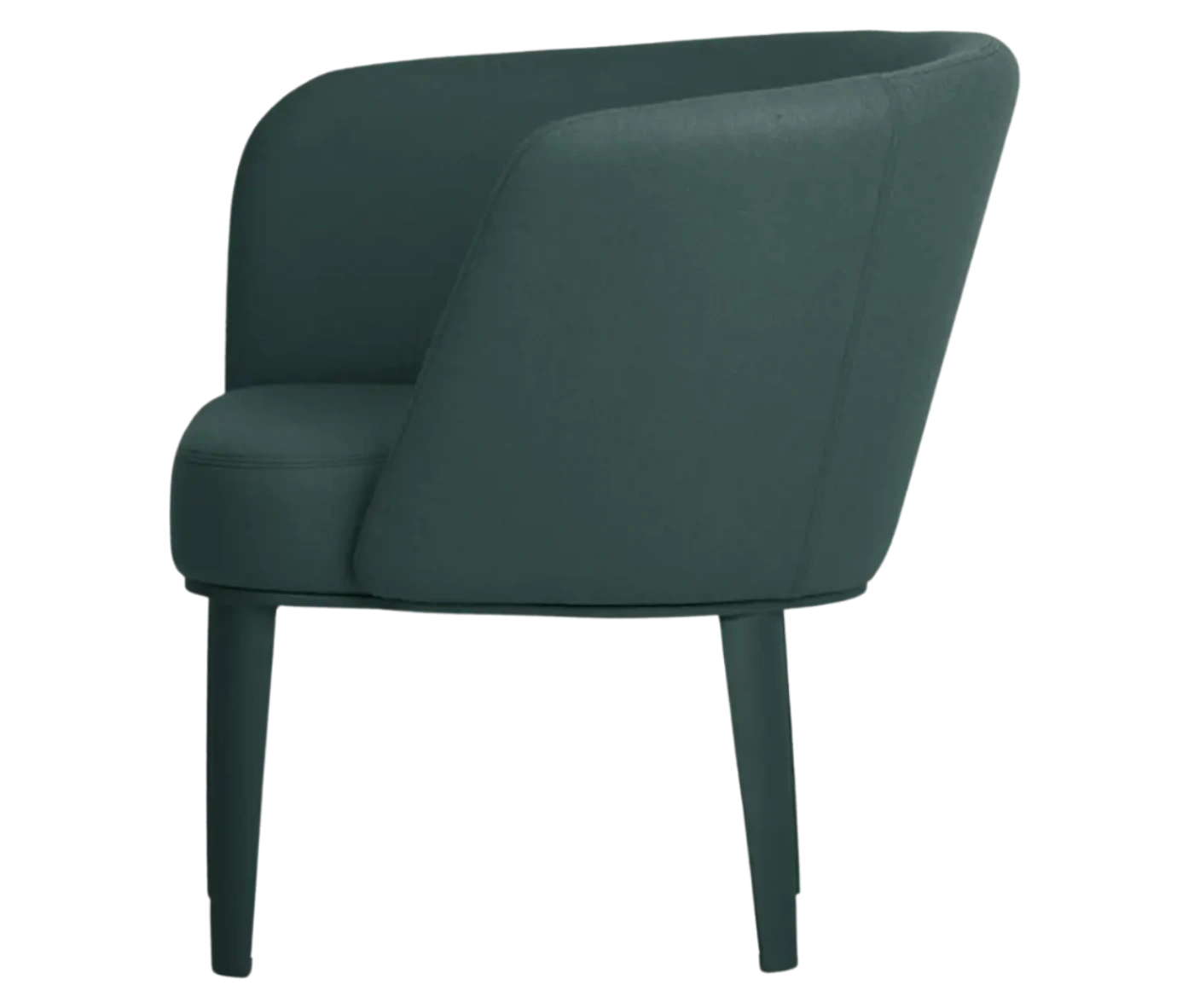 True Clara lounge chair, left-side view with dark teal upholstery, curved wraparound backrest, and slim legs.