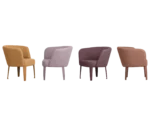 True Clara lounge chairs, lined up with different upholstery, curved wraparound backrest, and slim legs.
