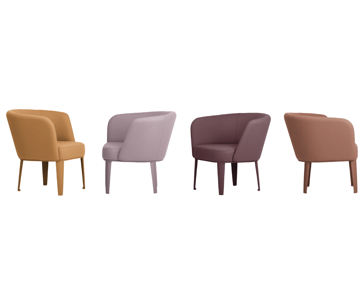 True Clara lounge chairs, lined up with different upholstery, curved wraparound backrest, and slim legs.