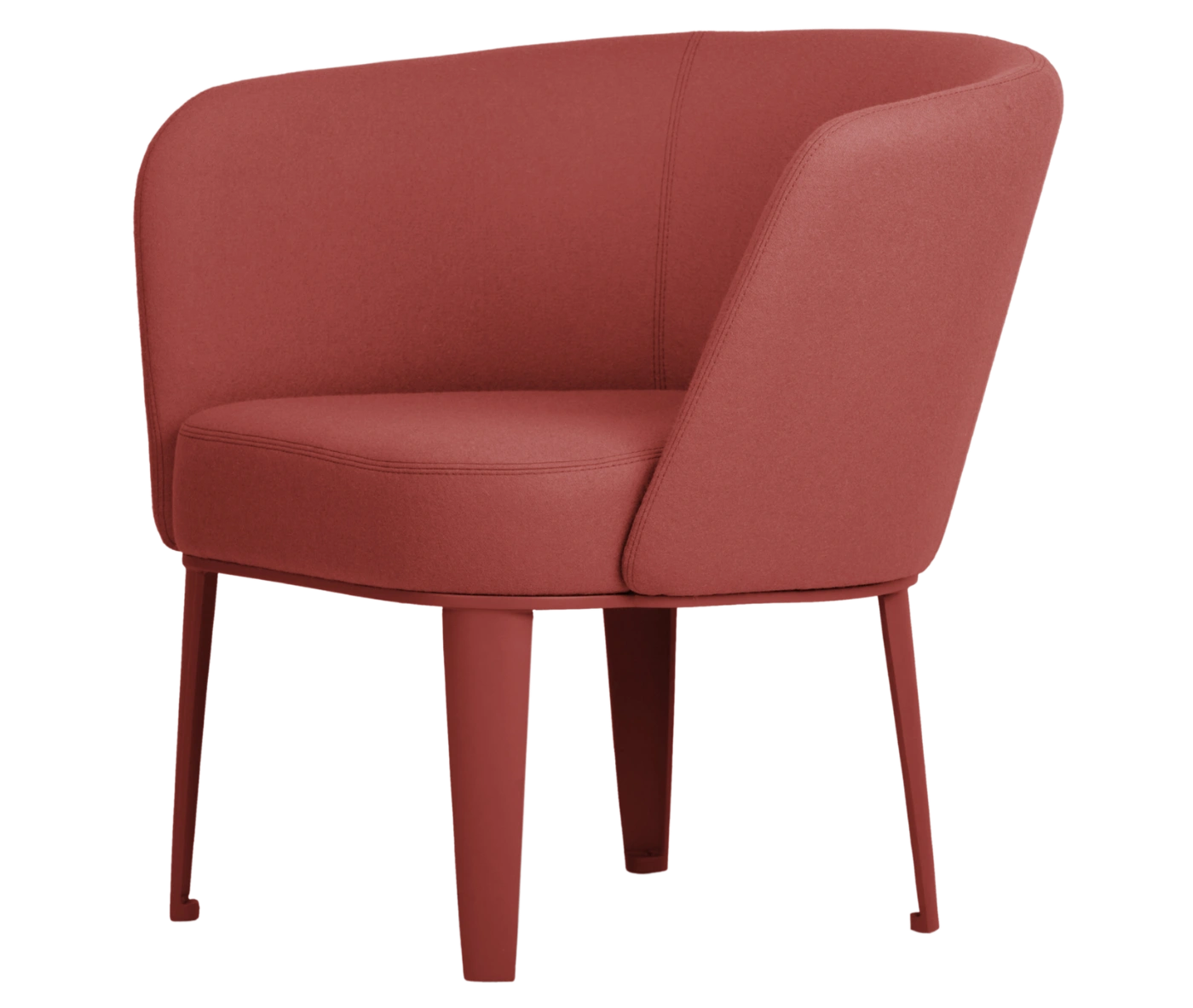 True Clara lounge chair, left-side view with red upholstery, curved wraparound backrest, and slim legs.