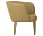 True Clara lounge chair, right-side view with mustard upholstery, curved wraparound backrest, and slim legs.