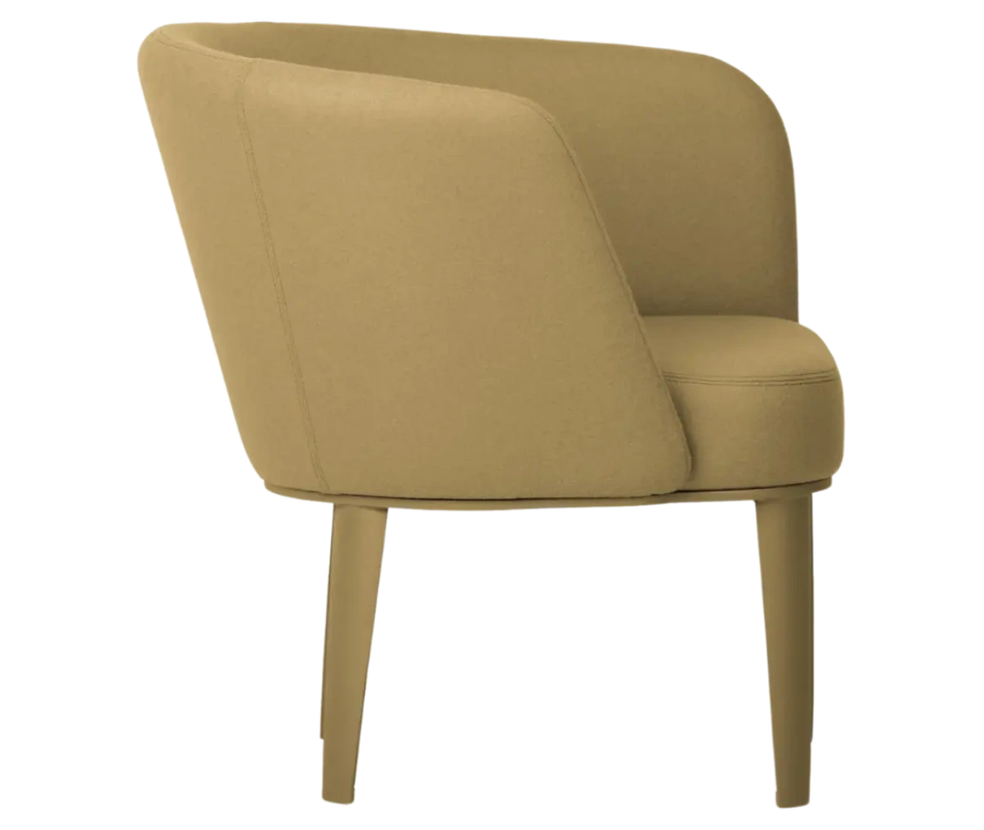 True Clara lounge chair, right-side view with mustard upholstery, curved wraparound backrest, and slim legs.