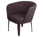 True Clara lounge chair, left-side view with dark mauve upholstery, curved wraparound backrest, and slim legs.