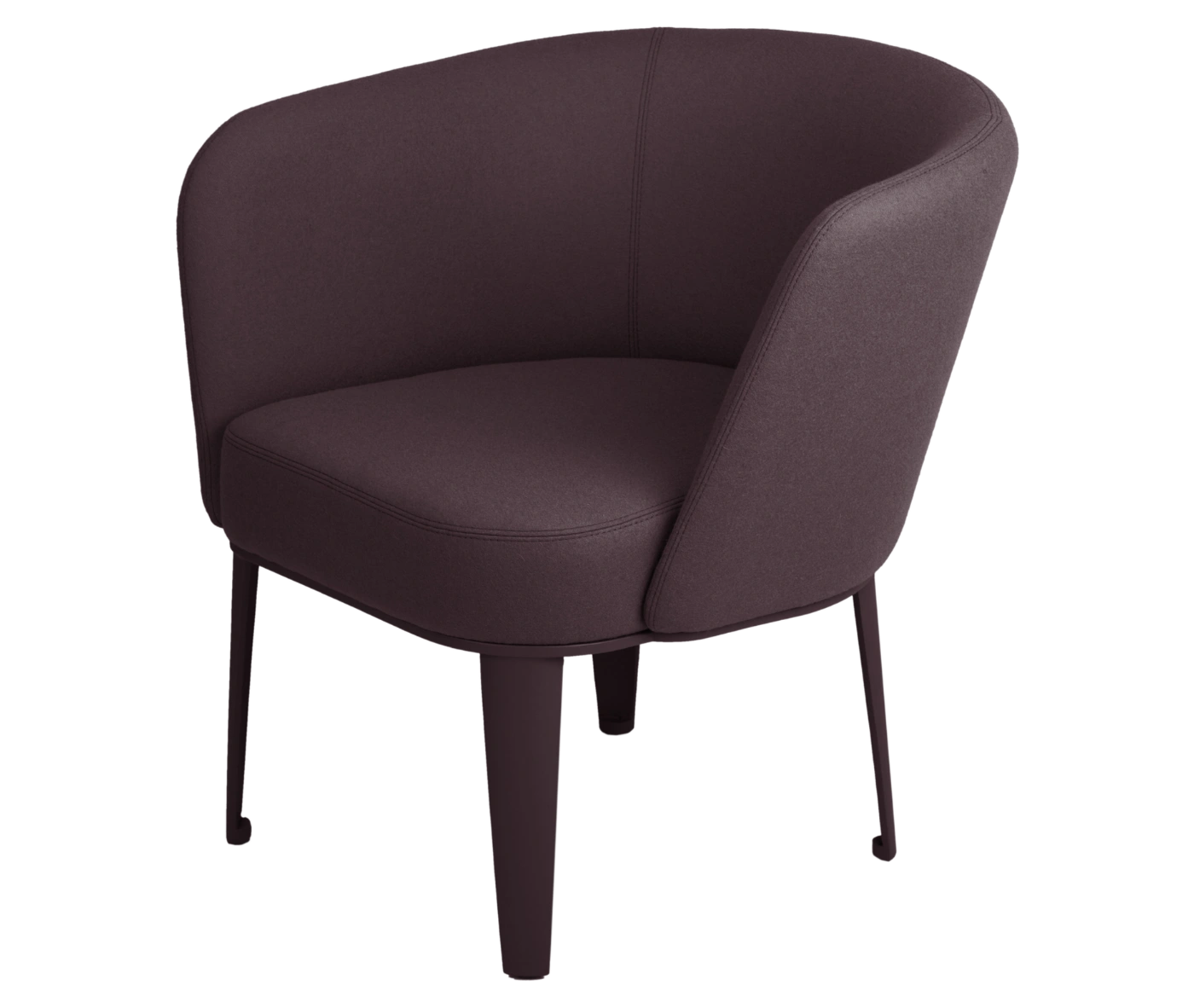 True Clara lounge chair, left-side view with dark mauve upholstery, curved wraparound backrest, and slim legs.