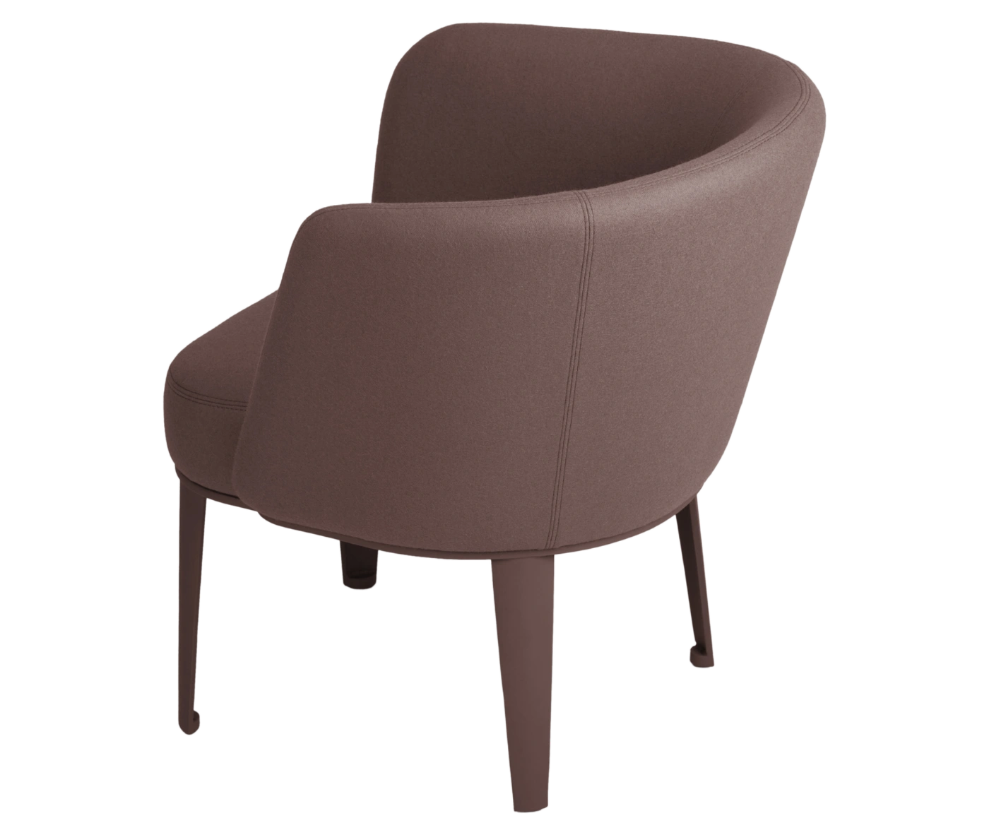 True Clara lounge chair, angled back view with dark brown upholstery, curved wraparound backrest, and slim legs.