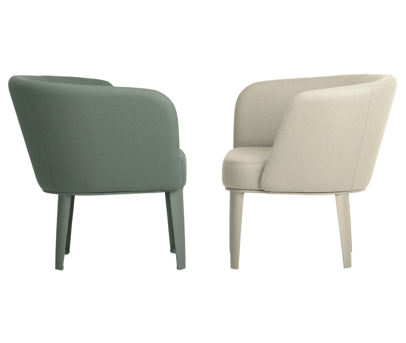 True Clara lounge chairs, facing each other with white and sage green upholstery, curved wraparound backrest, and slim legs.