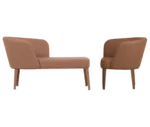 True Clara chair and sofa, facing each other with dark and light brown upholstery, curved wraparound backrest, and slim legs.