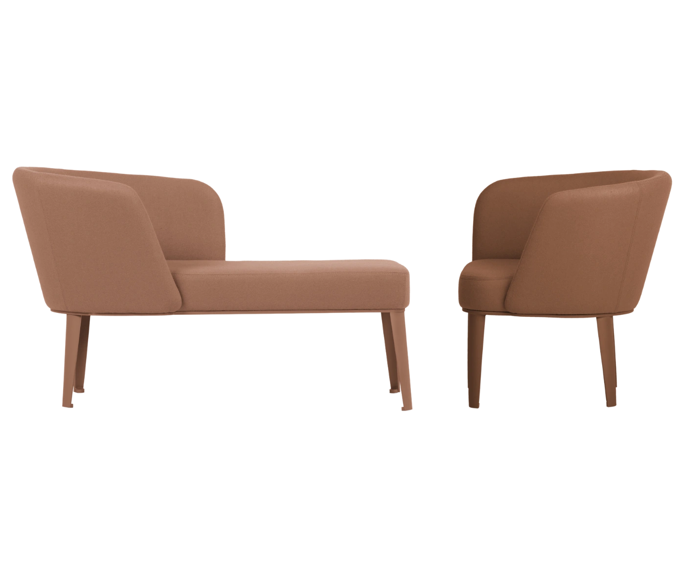 True Clara chair and sofa, facing each other with dark and light brown upholstery, curved wraparound backrest, and slim legs.